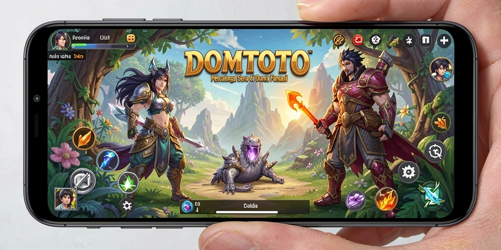 Screenshot DOMTOTO menampilkan karakter yang menjelajahi dunia penuh warna dan tantangan.