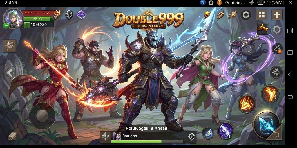 Screenshot gameplay DOUBLE999 menampilkan aksi pertarungan seru di dunia fantasi.