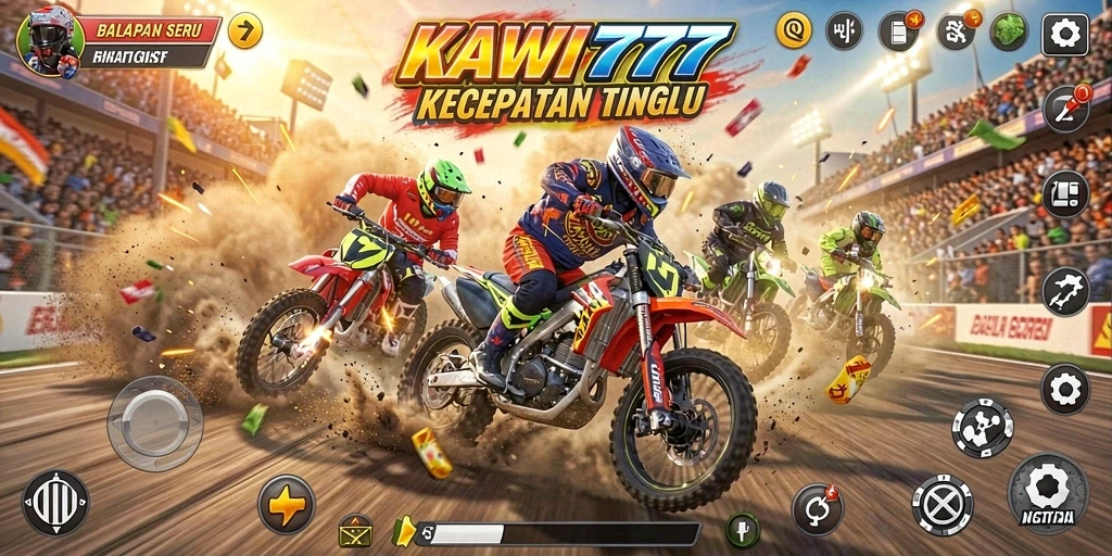 Tangkapan layar gameplay KAWI777 menampilkan action balap yang intens.