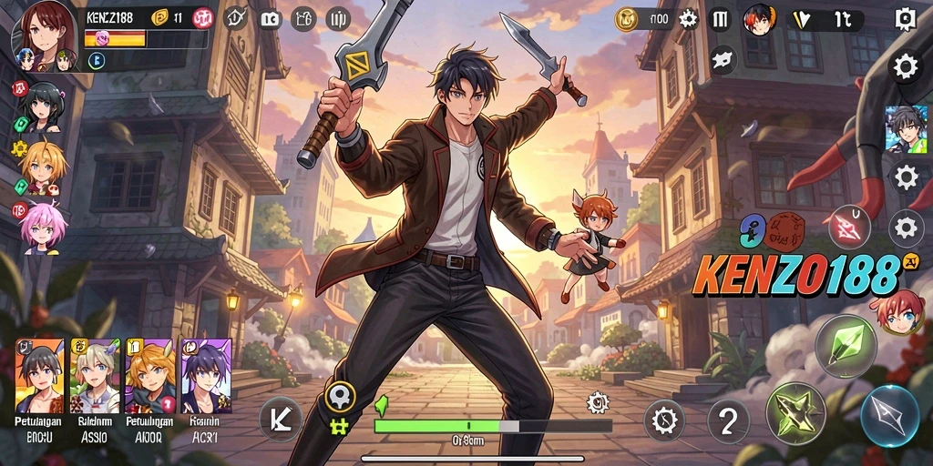 Tangkapan layar gameplay KENZO188 yang menampilkan aksi seru dan karakter anime.