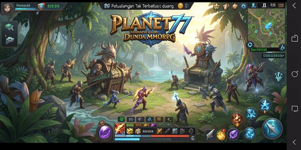 Screenshot gameplay PLANET77 yang menampilkan aksi petualangan MMORPG yang mendebarkan.