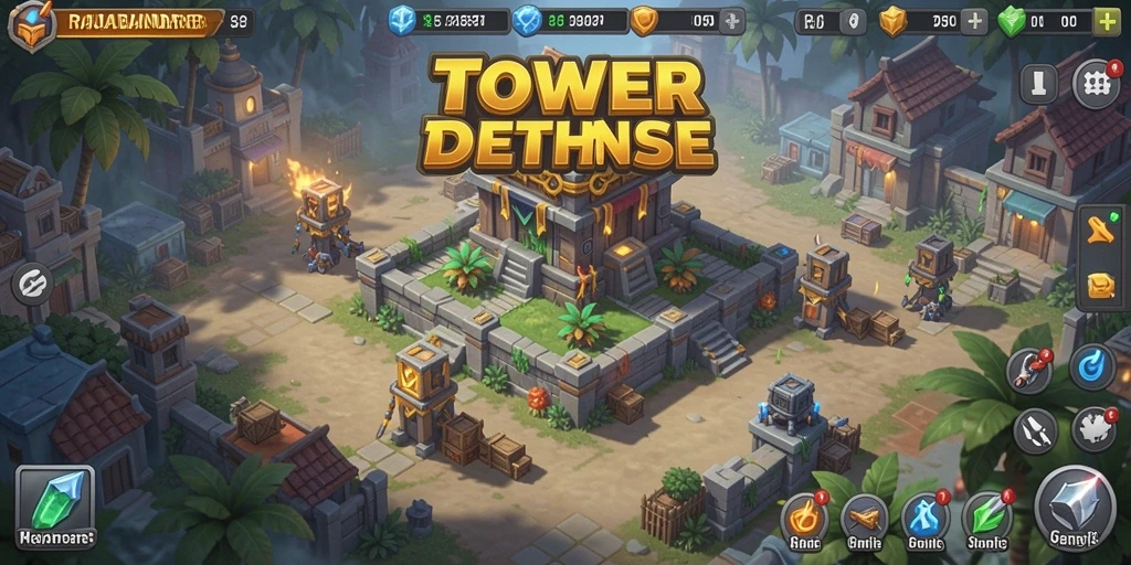 Screenshot gameplay RAJABANDAR88 yang menunjukkan pertahanan menara.