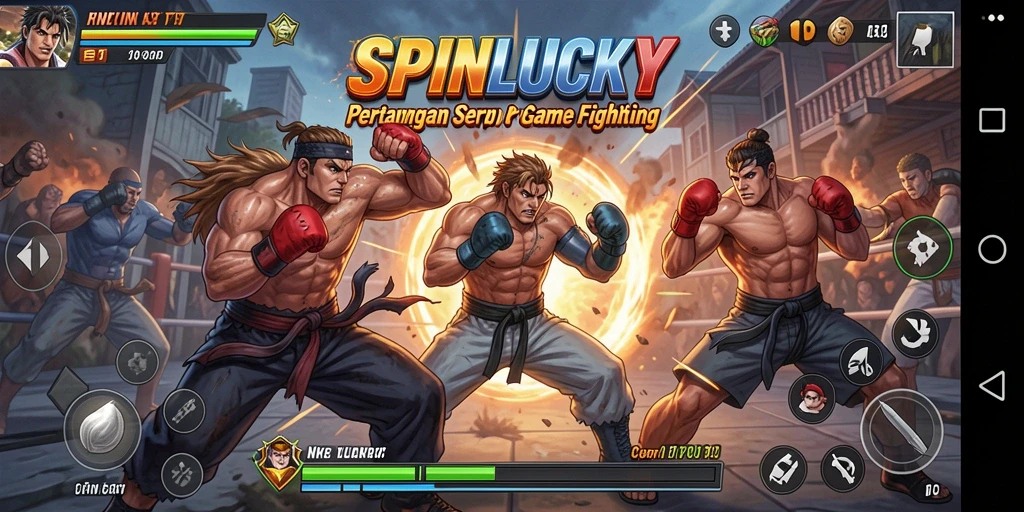 Tampilan gameplay seru dalam SPINLUCKY dengan karakter bertarung.