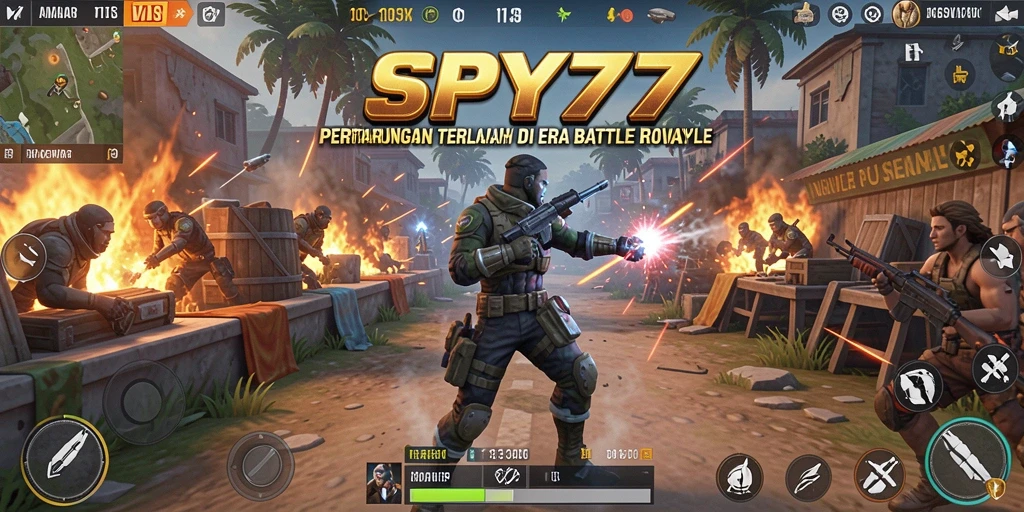 Screenshot utama SPY77 menunjukkan aksi seru dalam pertarungan Battle Royale.